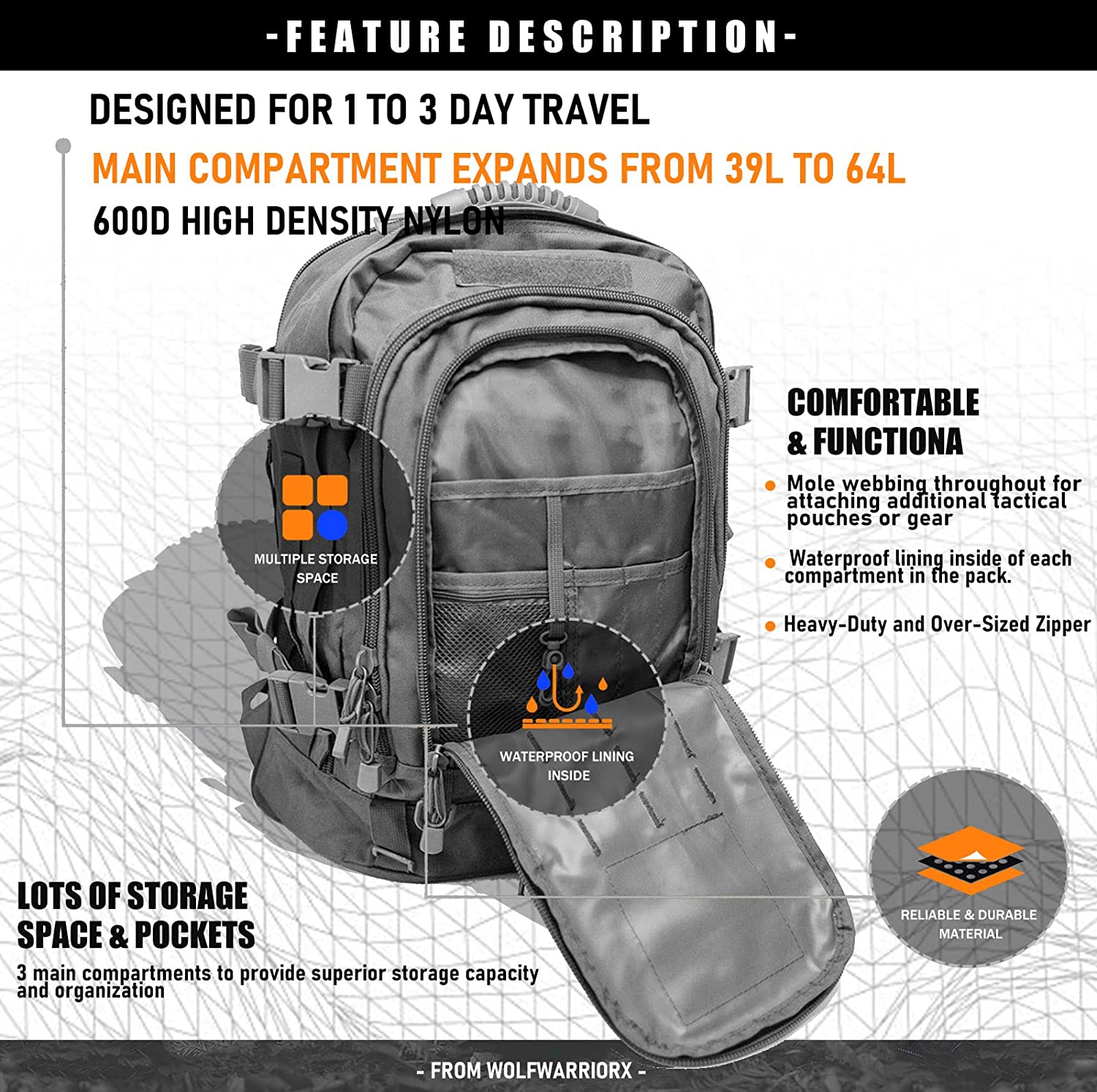 WolfWarriorX Men Backpacks Large Capacity Military Tactical Hiking Expandable 39L-60L Backpack - Image 3